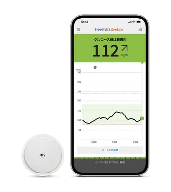 リブレのセンサーと、現在のグルコース値と8時間分のグラフが表示されたスマートフォンのアプリ画面