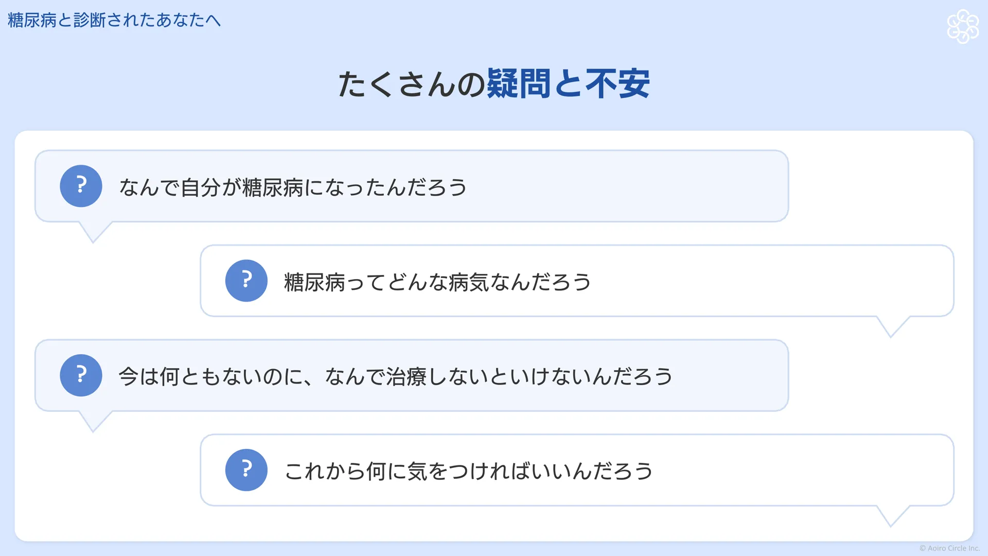 診断直後に湧く4つの疑問。なぜ自分が糖尿病に、どんな病気なのか、なぜ症状がないのに治療するのか、これから何に気をつければいいのか
